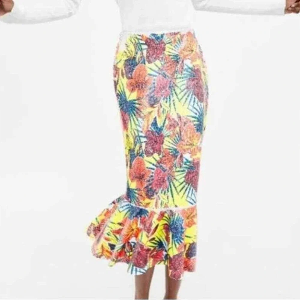 Zara Floral Sequin High Waisted Mermaid Fit and Flare Midi Skirt size small - Picture 2 of 15